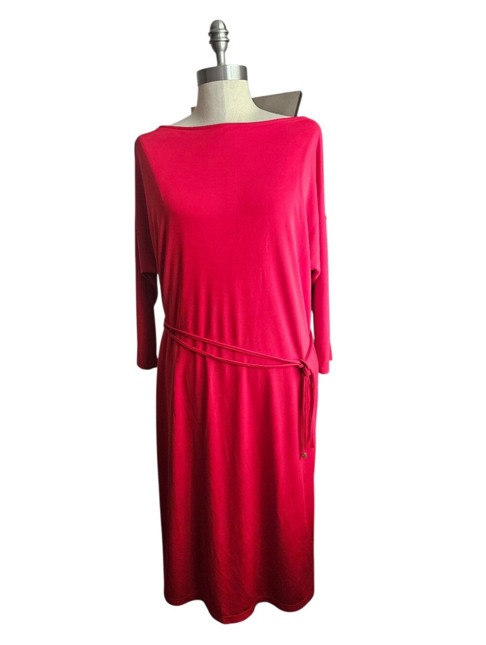 NWT LAUREN RALPH LAUREN Red Long Sleeve Boatneck Cord Tie Belt Midi Dress | M